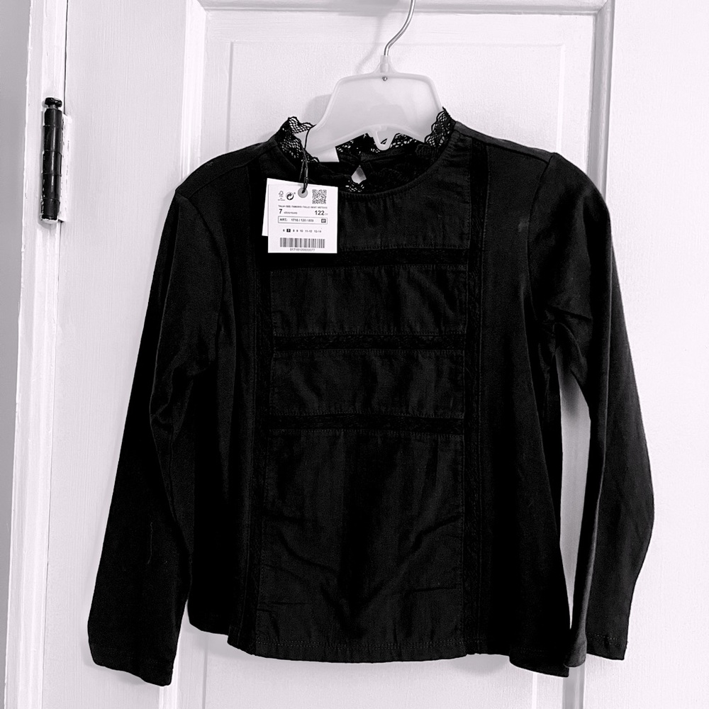 ZARA KIDS Black Crochet Detail Long Sleeve Top Size 7 NWT
